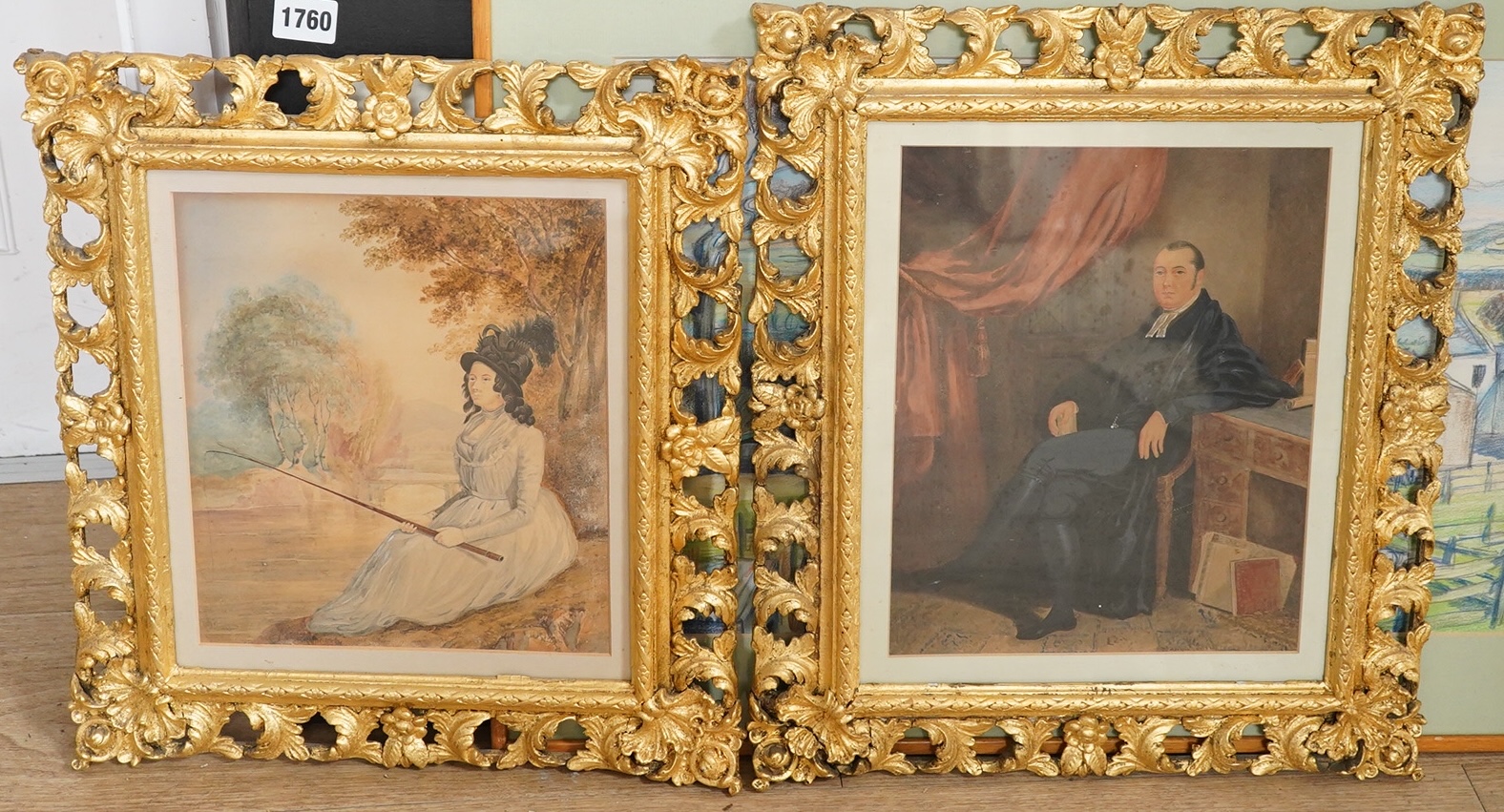 Early 19th century English School, pair of watercolours, Portrait of a lady angler and Portrait of a seated cleric, each unsigned, inscribed in ink verso, 27 x 21cm, housed in rococo style gilt frames. Condition - good